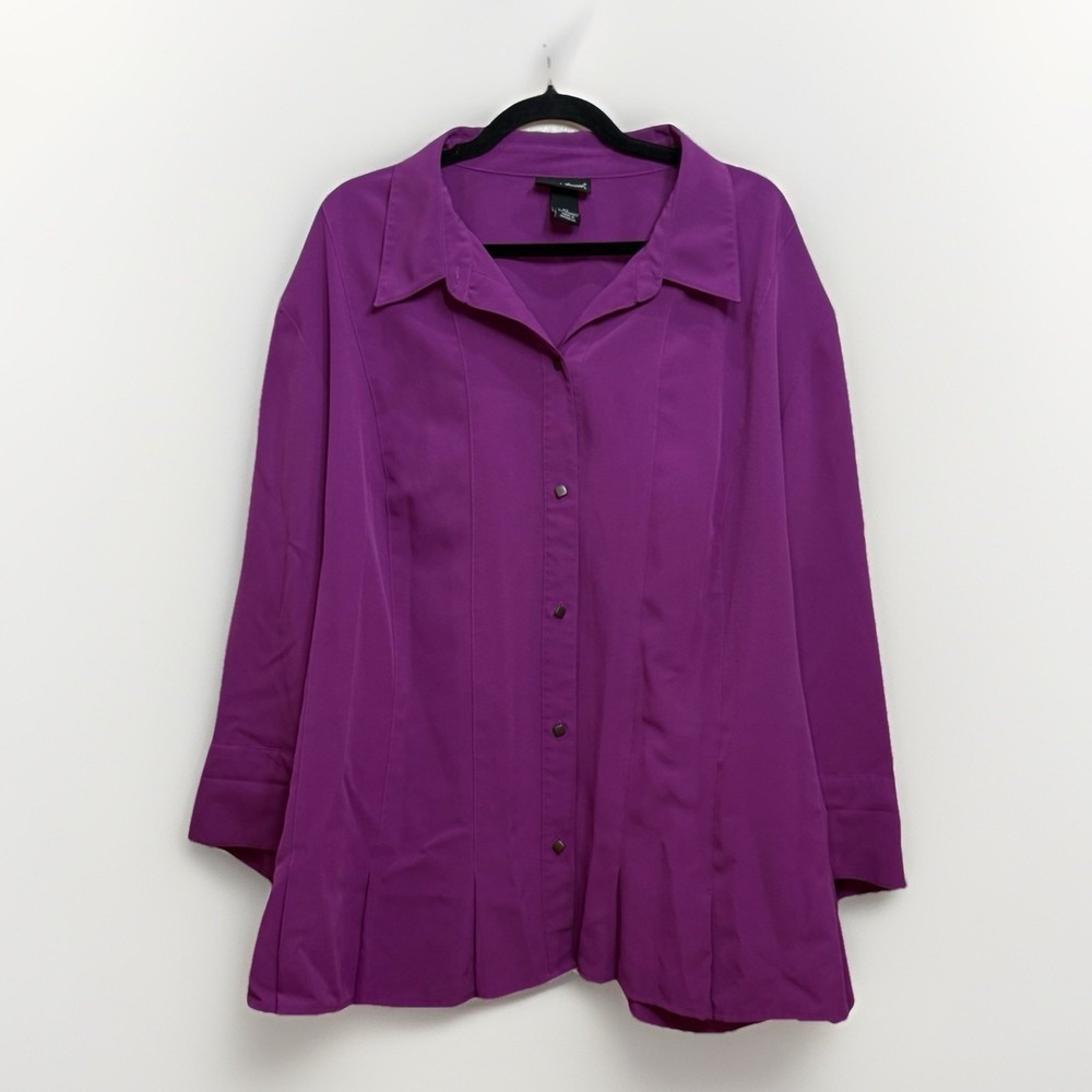 Maggie Barnes Womens Button Up Tunic Top Sz 4X Plum 3/4 Sleeve Pleated Front Hem
